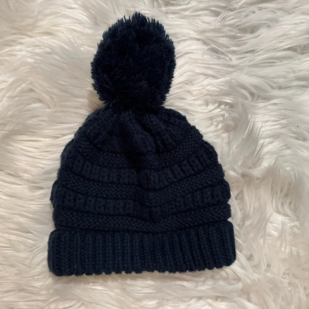 C.C‎ Kids Beanie Toddler Kids One Size Navy Blue Knit Pom Pom Winter Hat